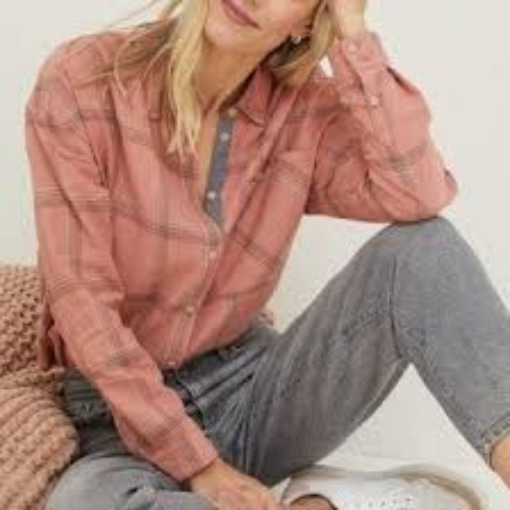 Fat Face Peach Gray Linen Blend Plaid Preppy Coast Relaxed Button Front Top
